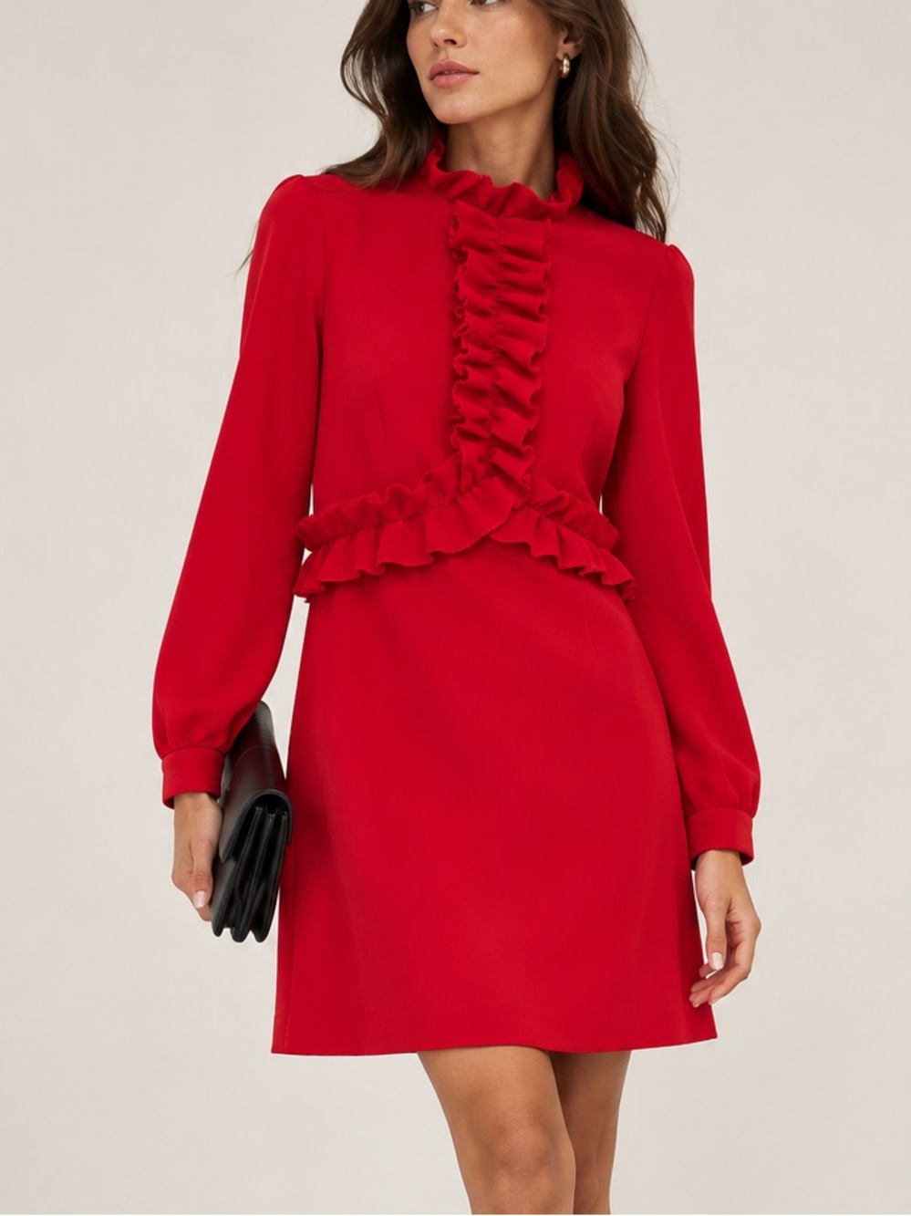 Sandro Paris Red Ruffle Crepe Midi Dress Long Sleeves Size 40